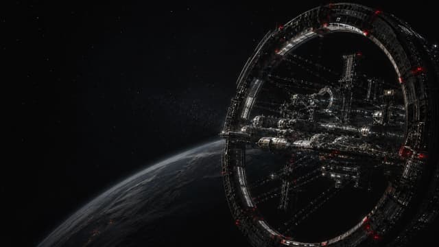 Concept rendering of an orbital teleport aperture and autonomous fabrication settlement
