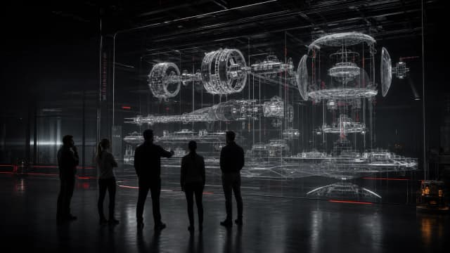 Researchers studying a transparent model of a future orbital settlement