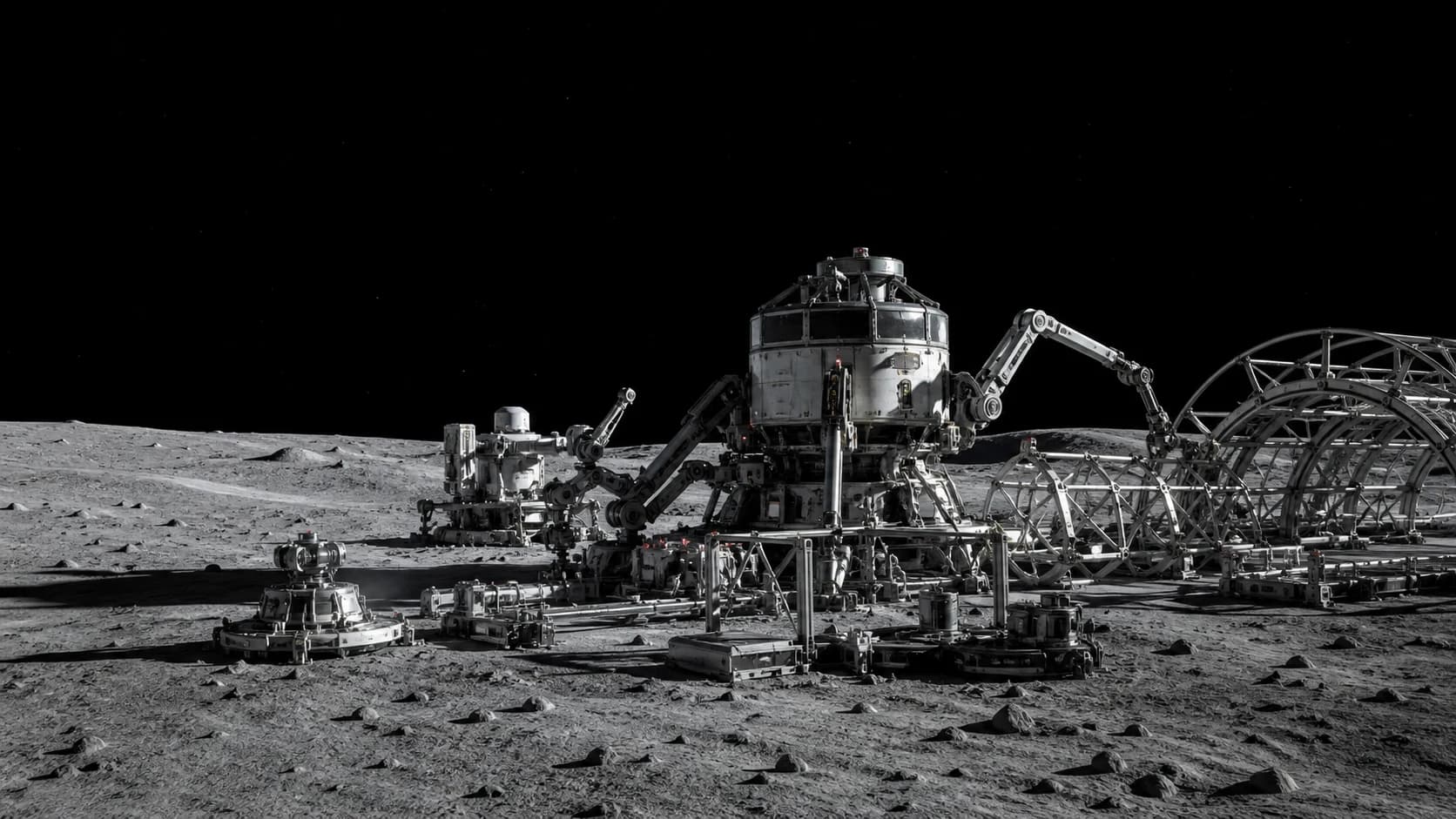 AI-generated concept of an autonomous fabrication seed constructing the first lunar habitat frame