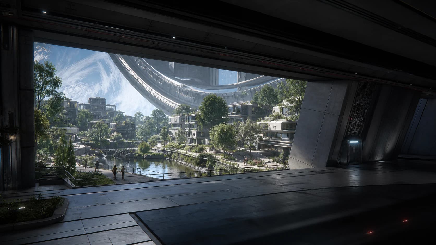 AI-generated concept of a green civic habitat inside a large orbital settlement