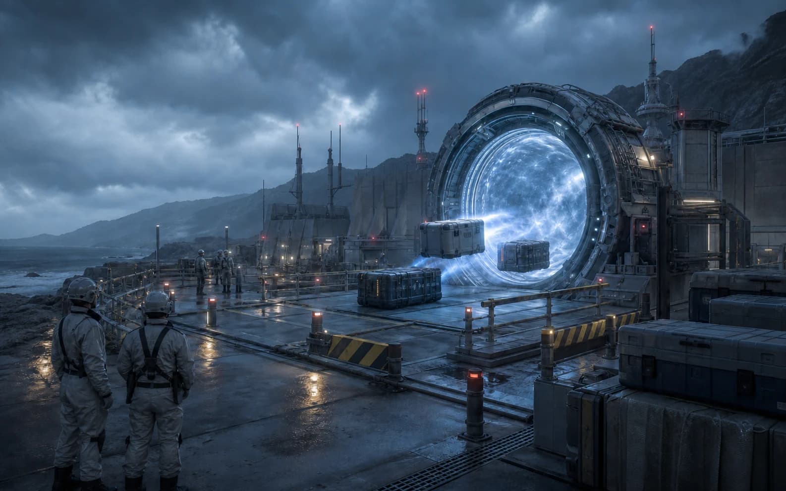 AI-generated concept of a controlled teleport aperture moving medical supplies and repair modules into a remote outpost