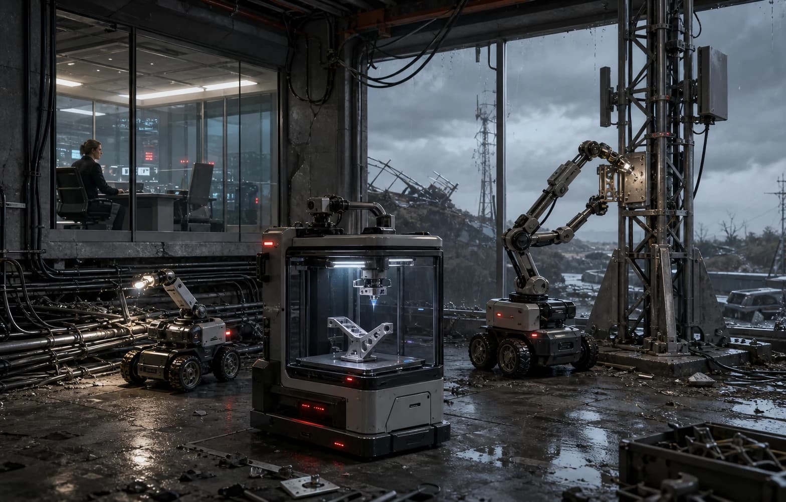 AI-generated concept of supervised maintenance robots repairing a storm-damaged communications facility
