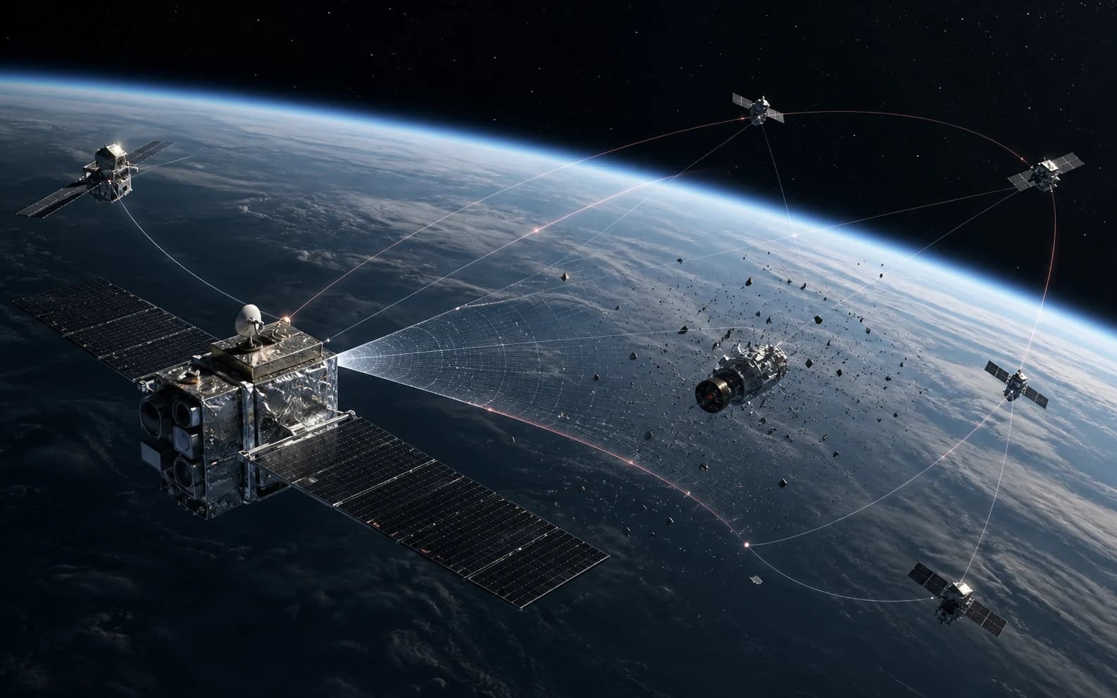 AI-generated concept of an unarmed orbital sensor network monitoring debris near a disabled spacecraft