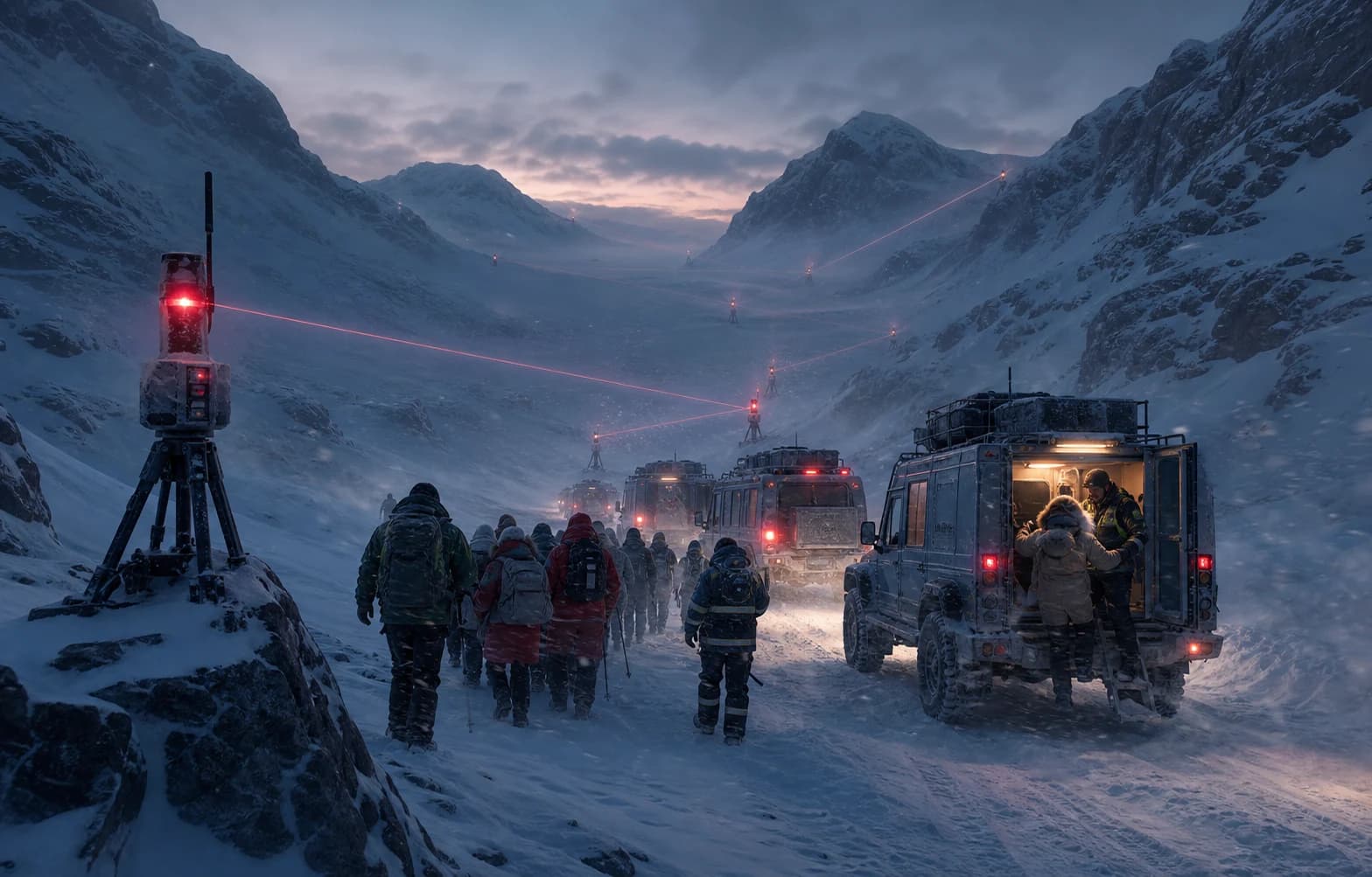 AI-generated concept of a rescue convoy navigating a polar valley with distributed beacon pylons