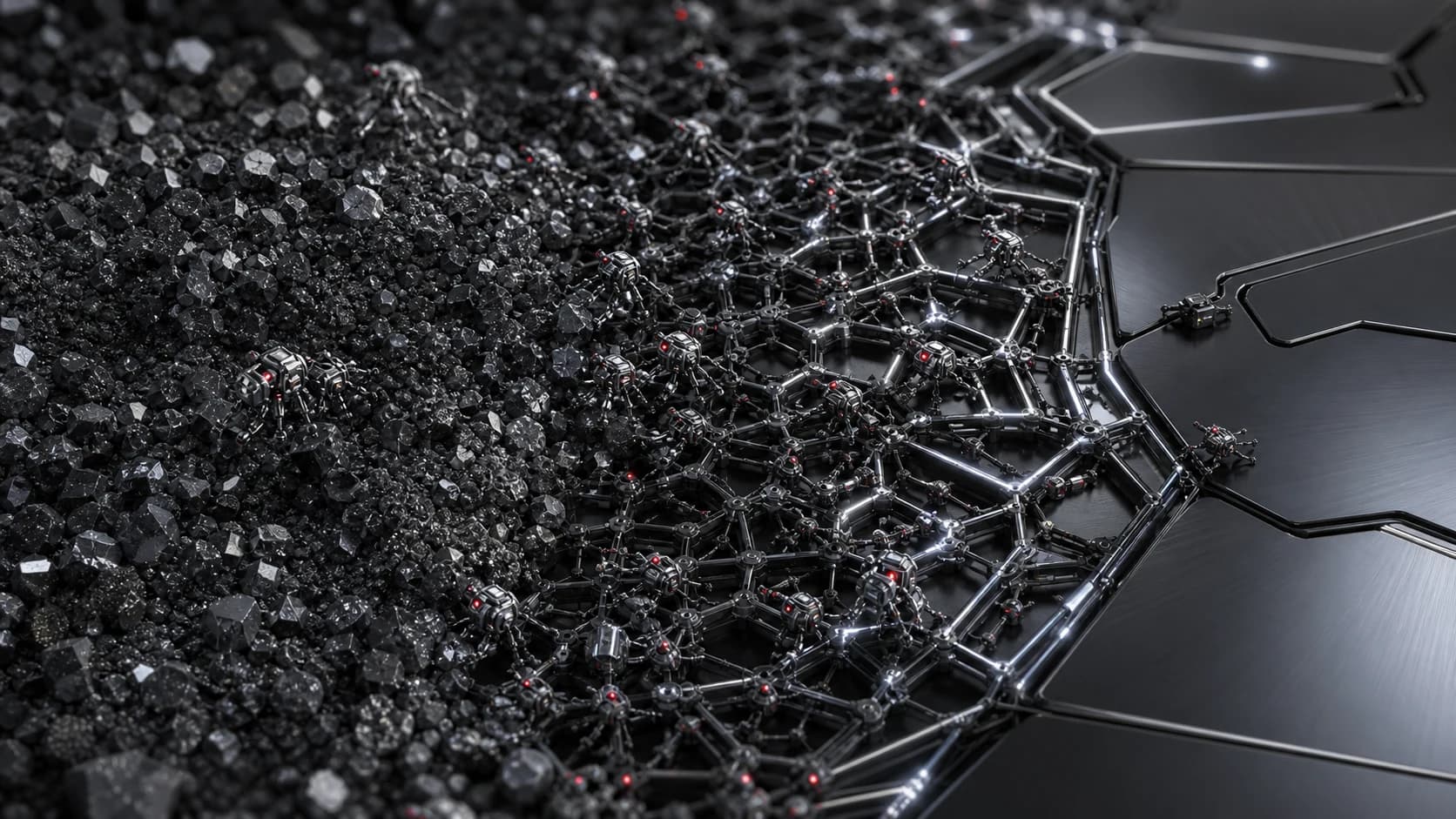 AI-generated macro concept of microscopic fabricators organizing raw material into an engineered lattice