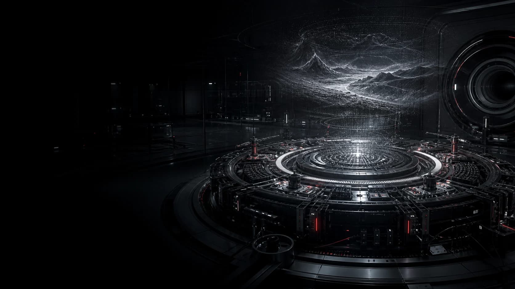 AI-generated concept visualization of the proposed White Noise Computer reconstructing a distant landscape from experimental signal data